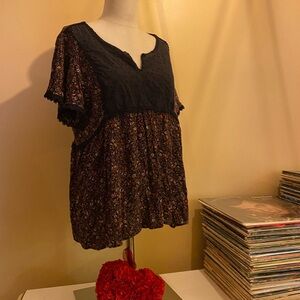 Knox Rose Black and Brown Lace Floral Blouse